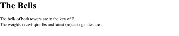 The Bells  The bells of both towers are in the key of F.  The weights in cwt-qtrs-lbs and latest (re)casting dates are :
